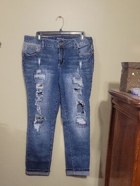 Amethyst Jeans Distressed Dark Blue Cropped Ankle Jeans